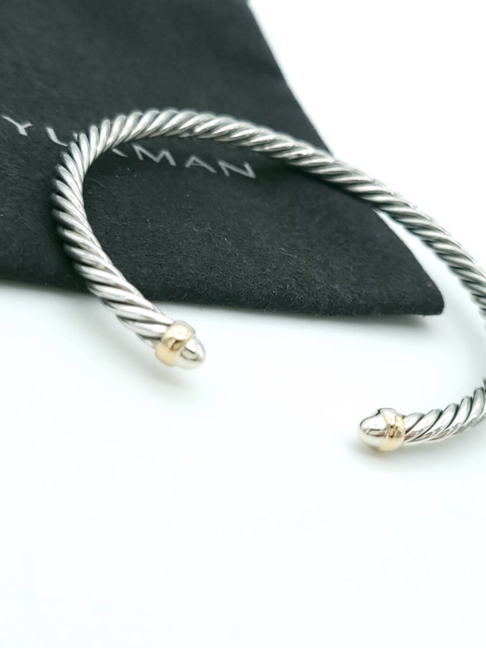 David Yurman Sterling Silver & 14k Gold 4mm Flex Cable Bangle Bracelet 7 Inch